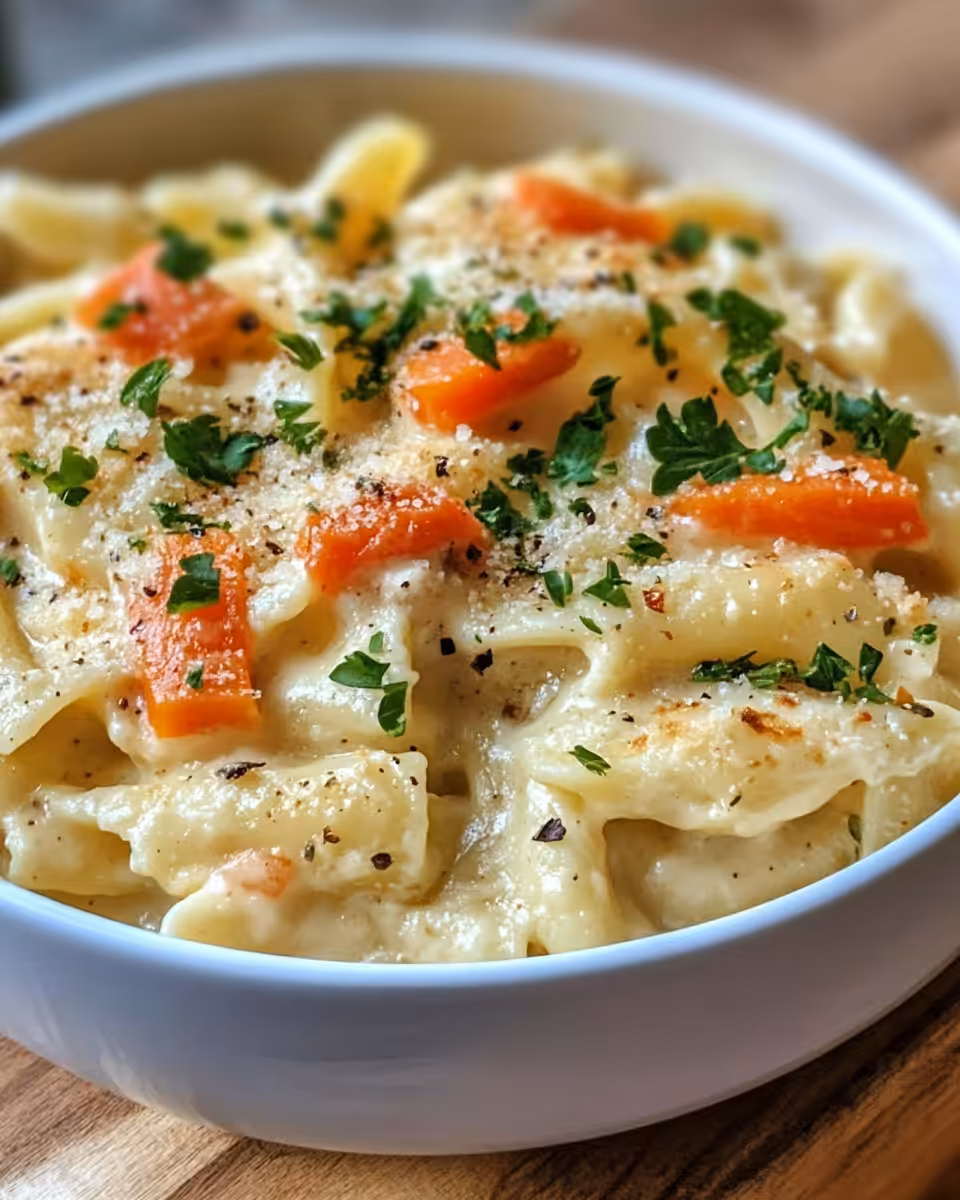 Ingredients for creamy chicken pot pie noodles on a counter