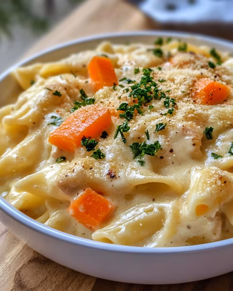 Served creamy chicken pot pie noodle dish garnished on plate