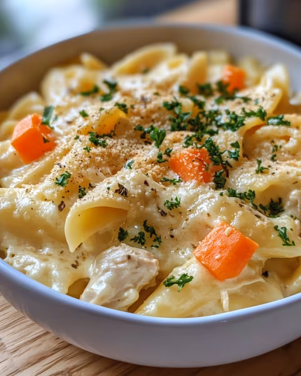 Steaming pressure cooker with chicken pot pie noodles