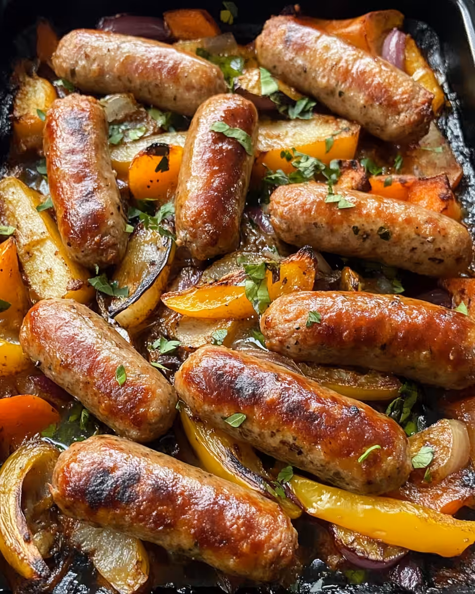 Chopped vegetables and pork sausages on roasting tray ready for oven