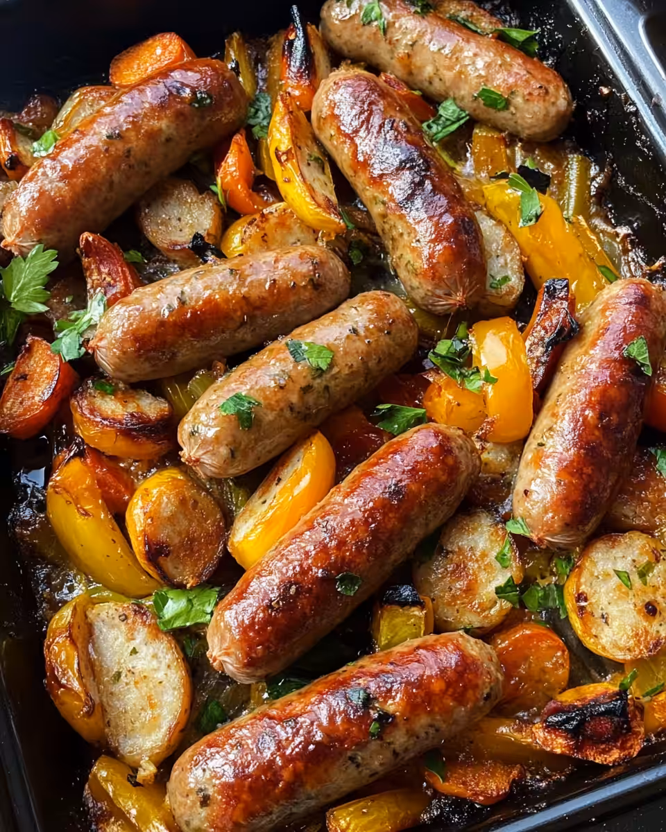 Golden roasted pork sausages with vegetables on serving tray