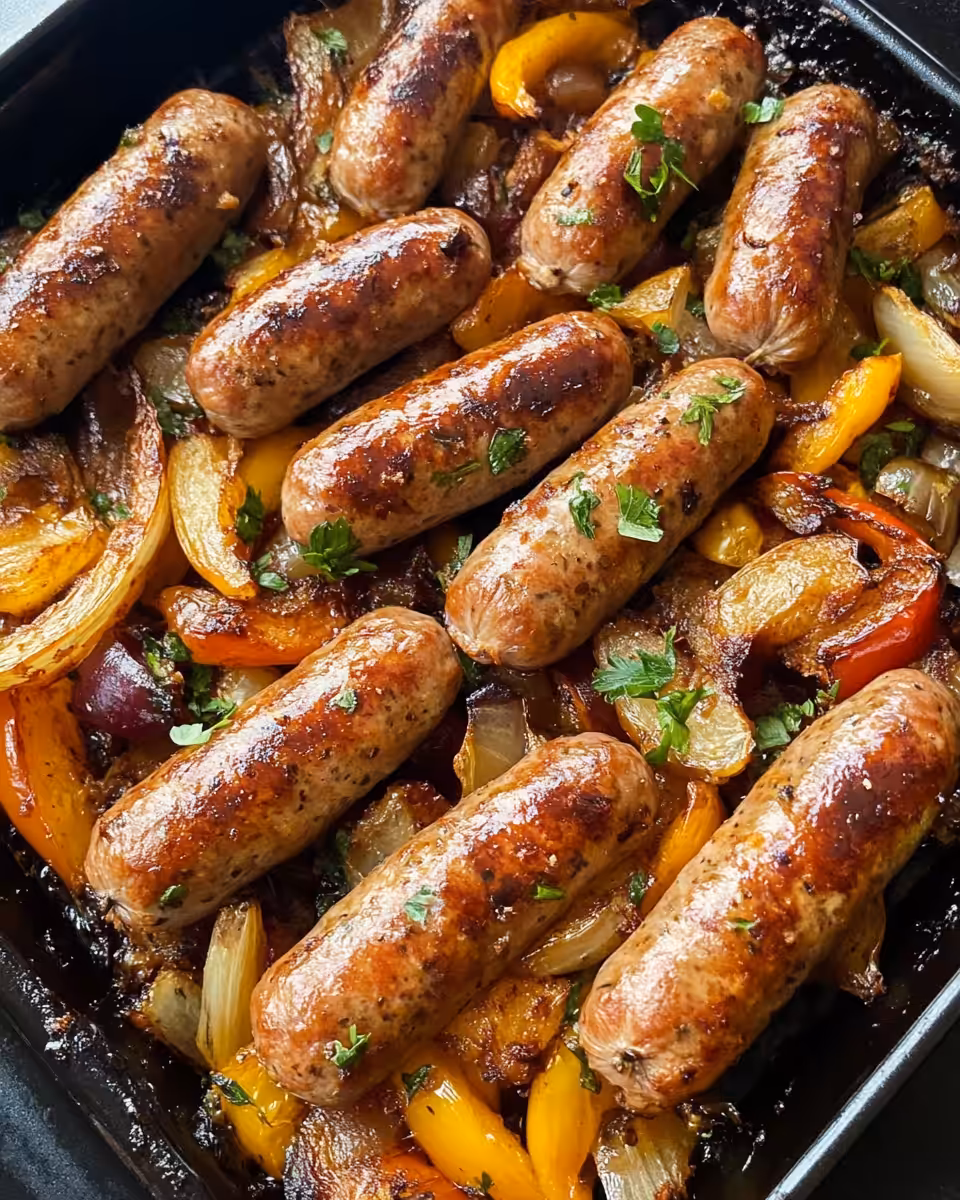 Steam rising from tray bake with pork sausages and vegetables