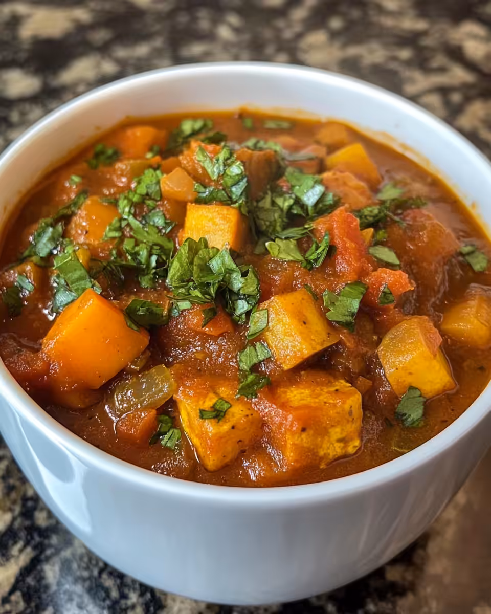 Final served vegetarian stew in bowl with fresh herbs