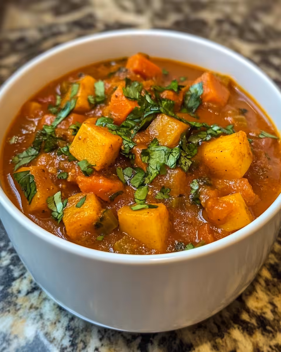 Steaming bowl of vegetarian stew with baby potatoes and mushrooms