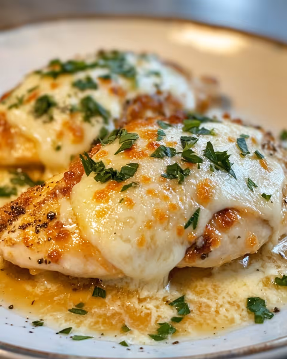 Layering provolone and parmesan cheese atop seared chicken breasts