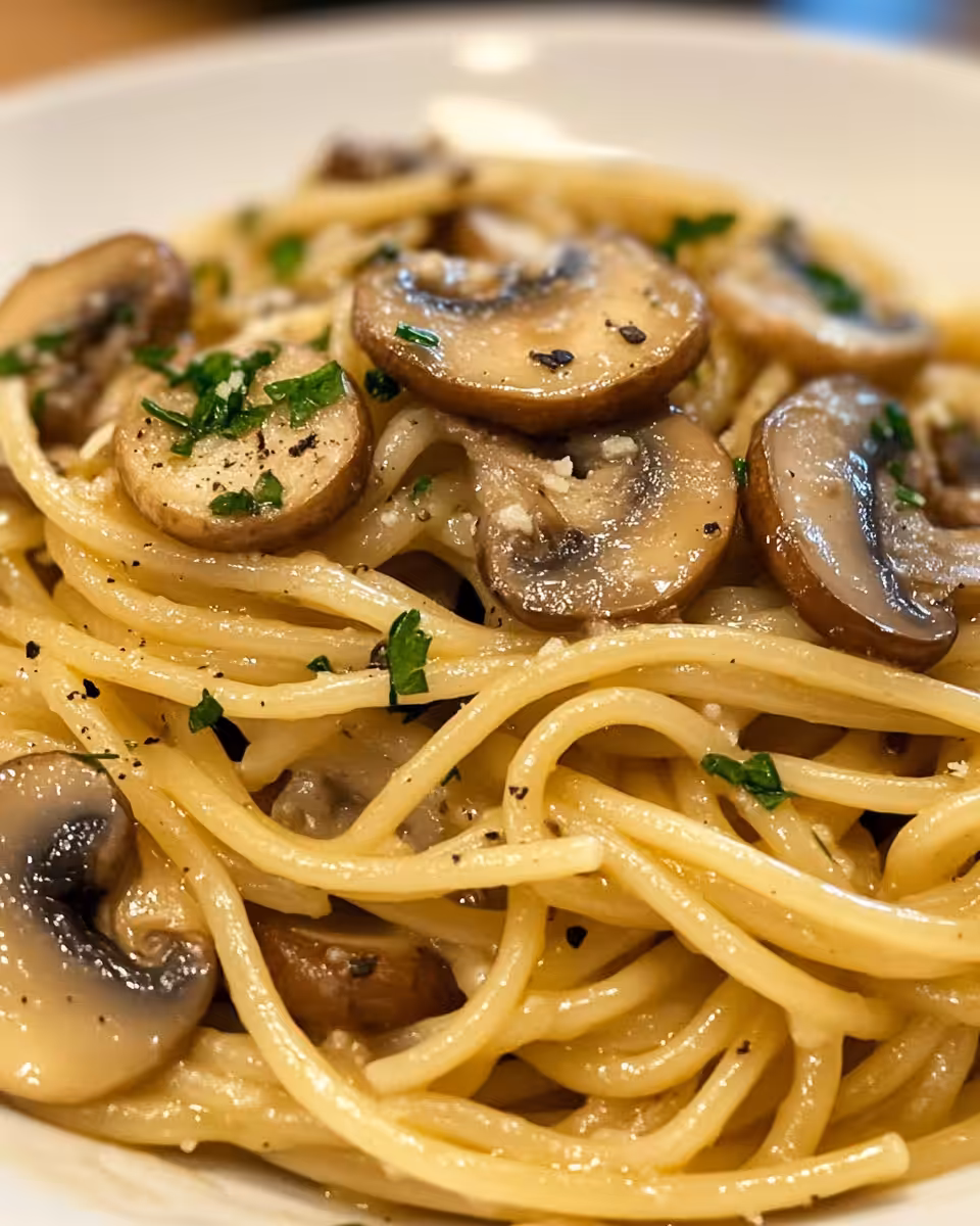 Ingredients for mushroom and garlic spaghetti including mushrooms, garlic, and cheese