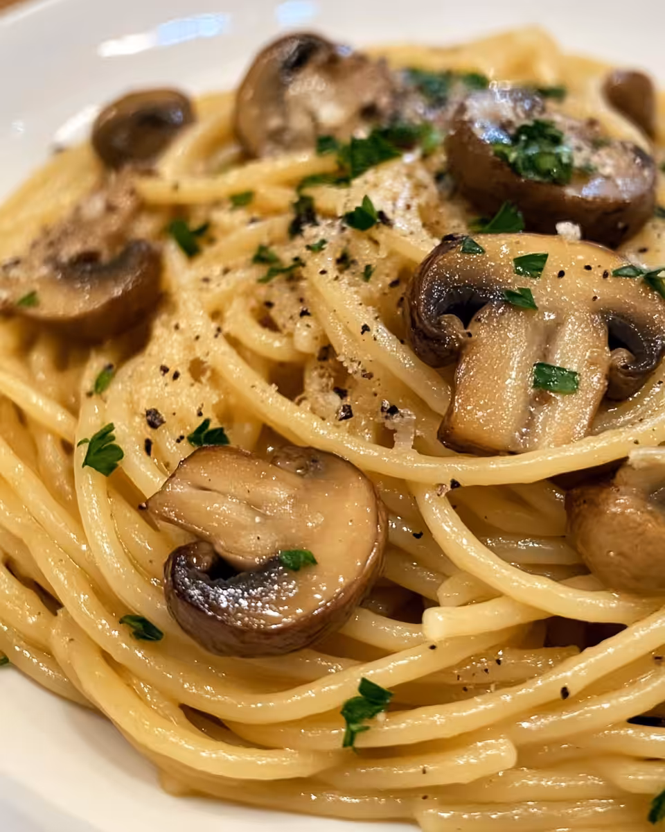 Finished plated mushroom and garlic spaghetti ready to be served