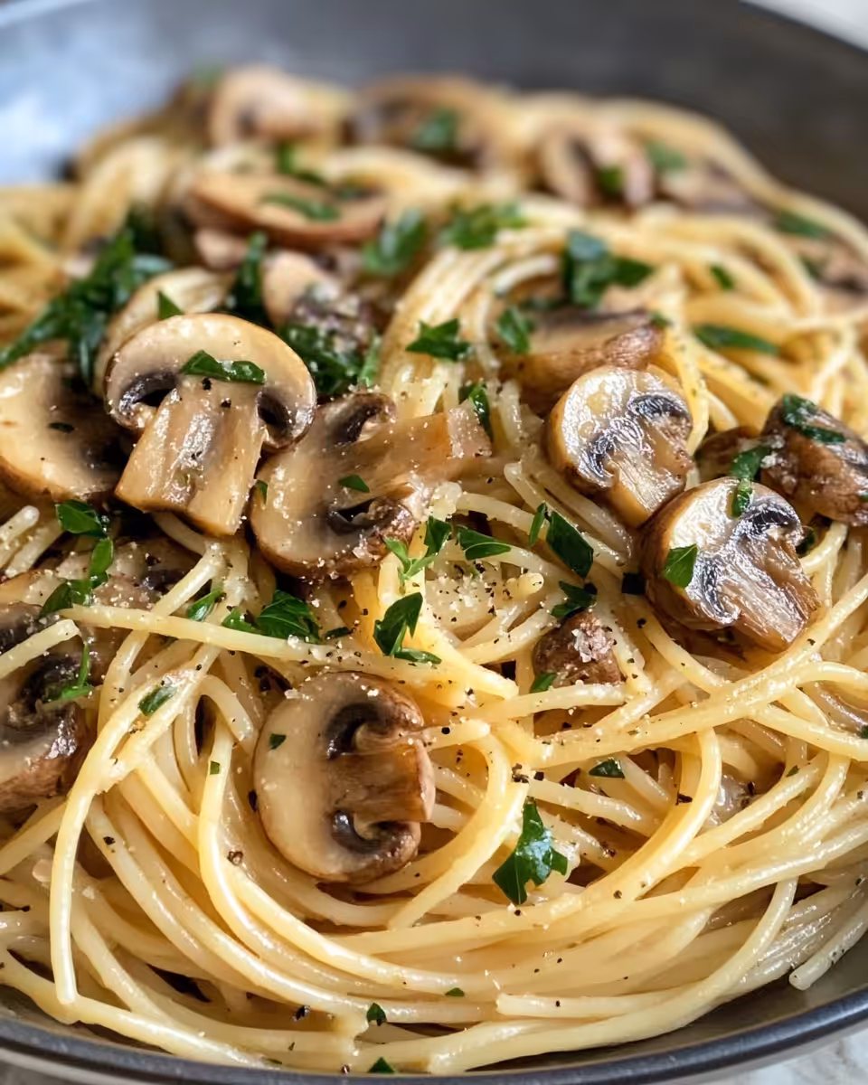 Steam rising from pressure cooker with mushroom and garlic spaghetti inside