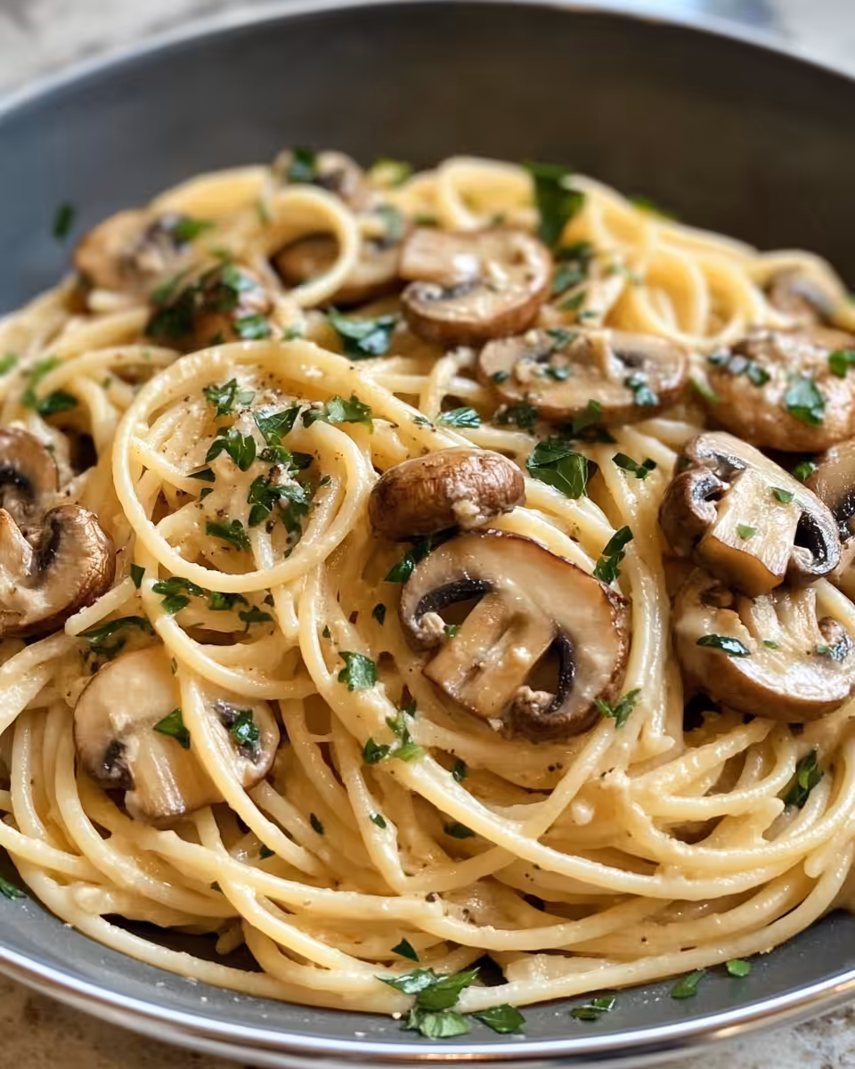 Sautéed mushrooms and golden garlic cooking in olive oil in skillet