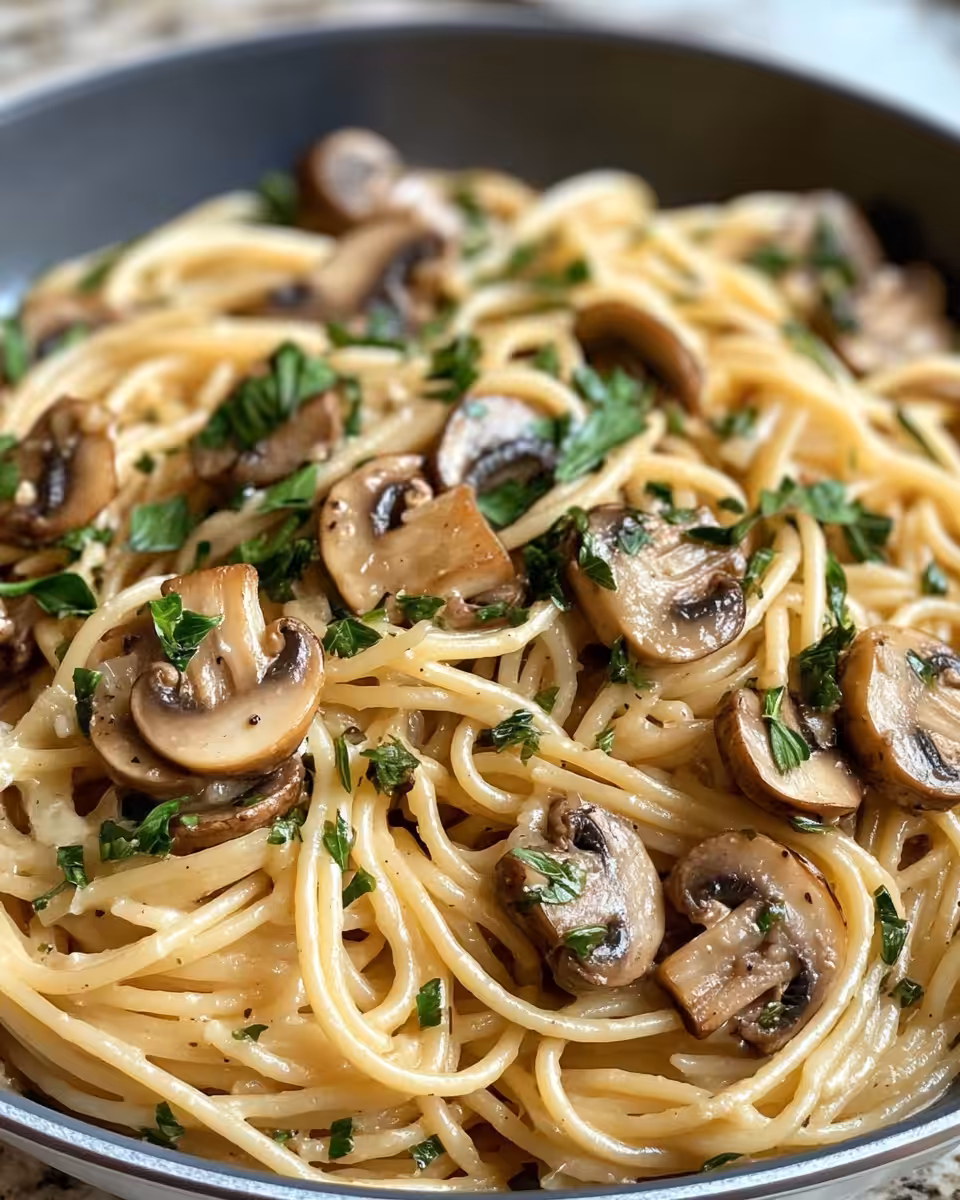 Plated mushroom and garlic spaghetti, garnished with parsley and Pecorino Romano