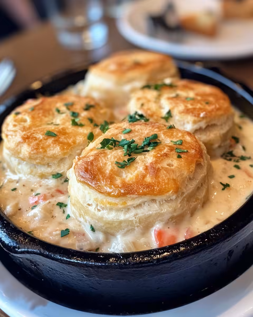 Golden baked chicken pot pie with cheddar biscuits served