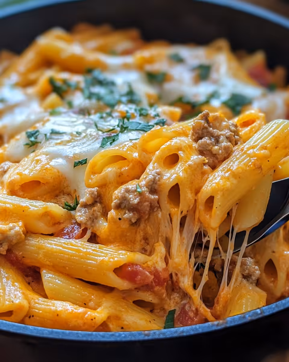Ingredients and process for creamy Tex-Mex Rotel pasta in skillet