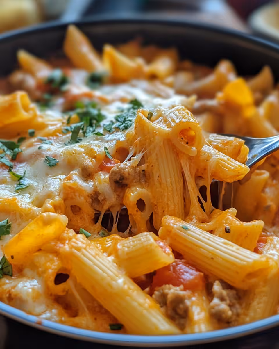 Served creamy Tex-Mex Rotel pasta fiesta ready to enjoy
