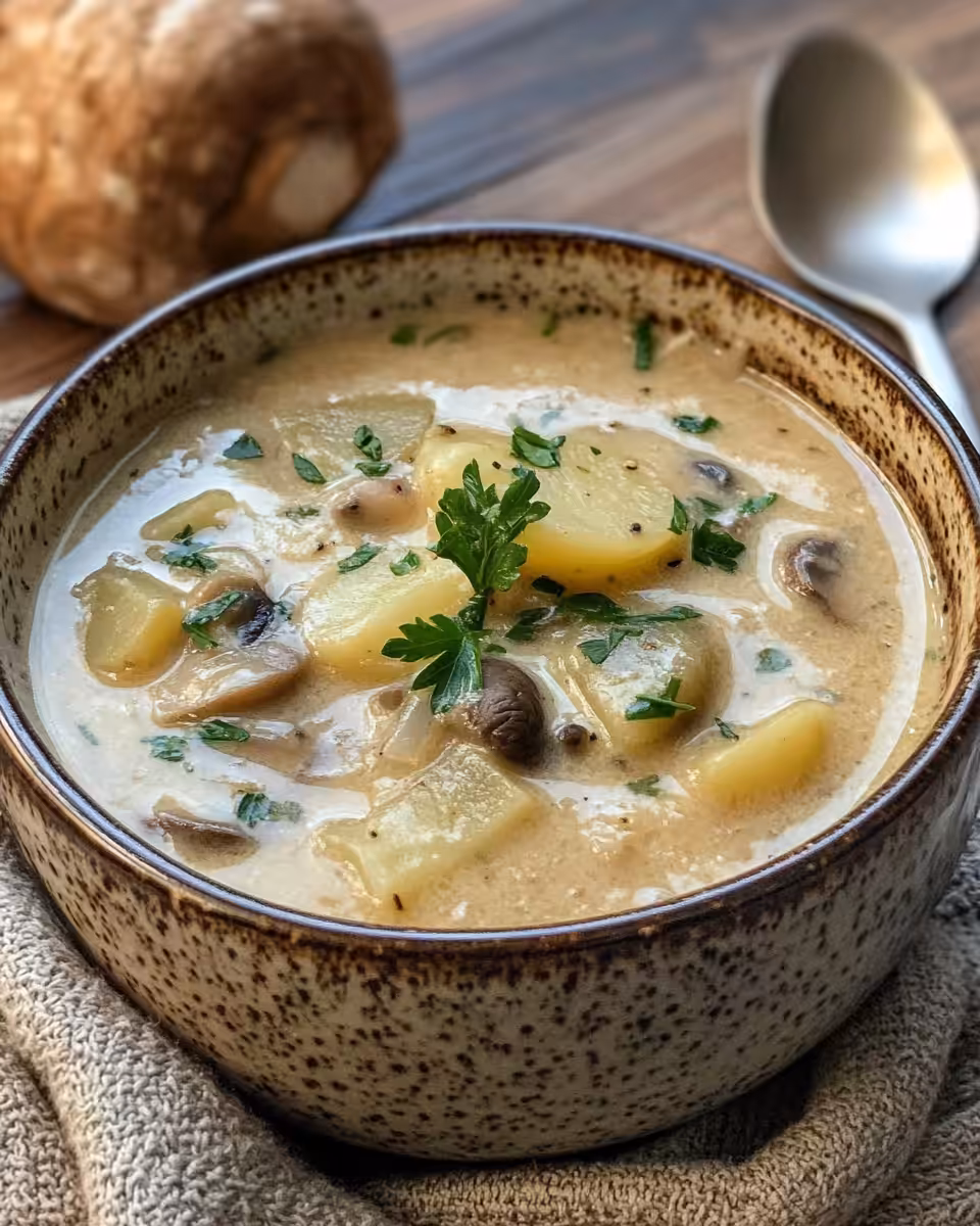 Finished Russian potato and mushroom soup served in rustic bowls