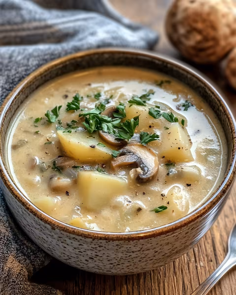 Steaming Russian potato and mushroom soup in pressure cooker