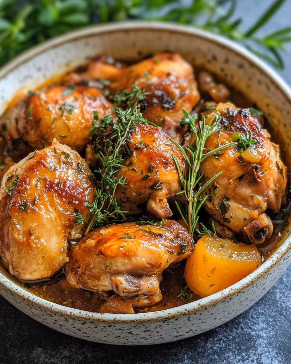 Raw ingredients for rustic French chicken braise including garlic, herbs, chicken, wine and oil