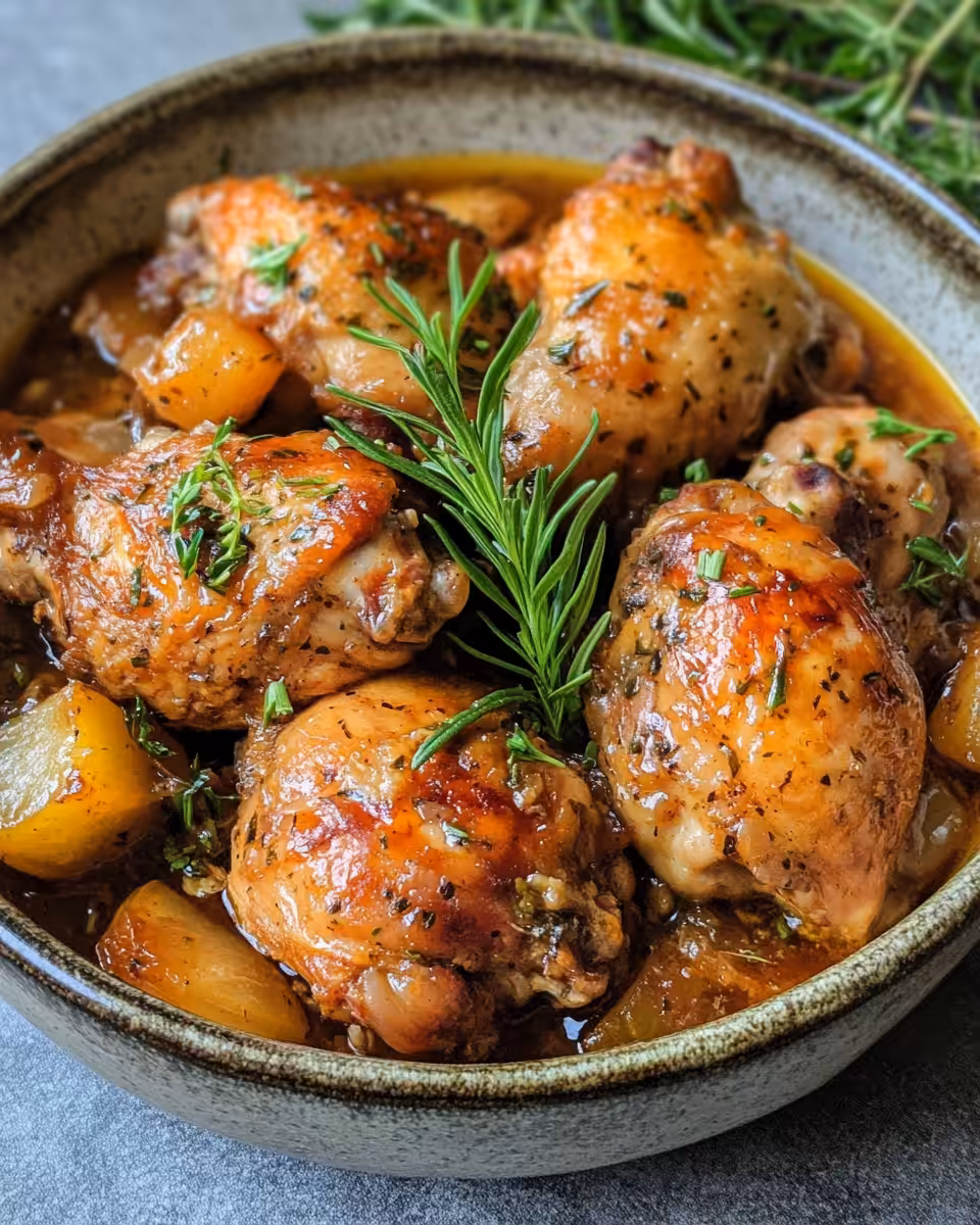 Served rustic French chicken braise with tender meat and rich sauce