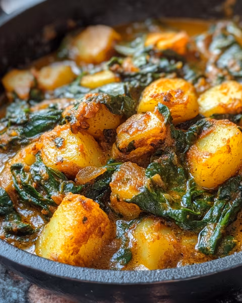 Served Saag Aloo with vibrant colors and fresh spices