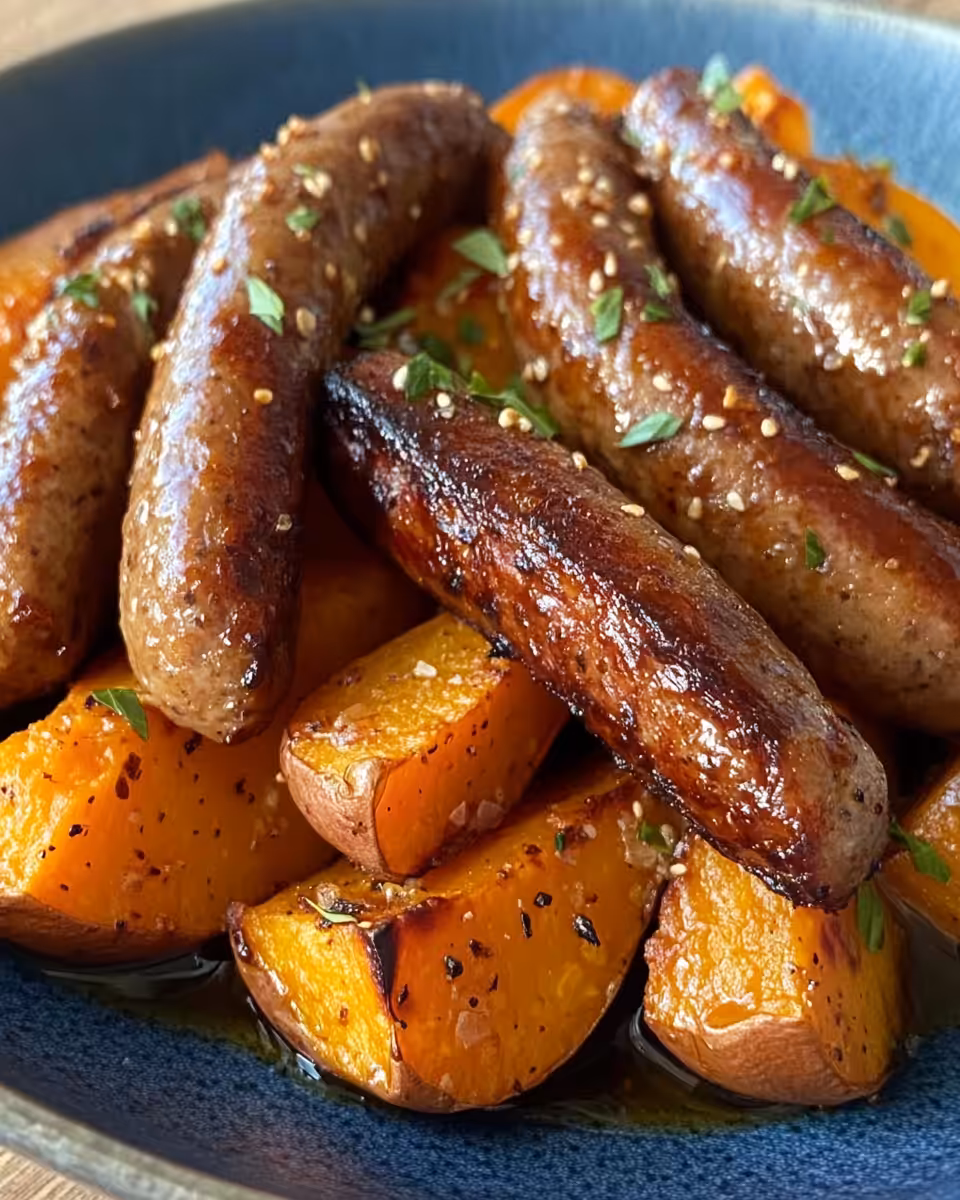 Ingredients for sausage and sweet potatoes on a sheet pan