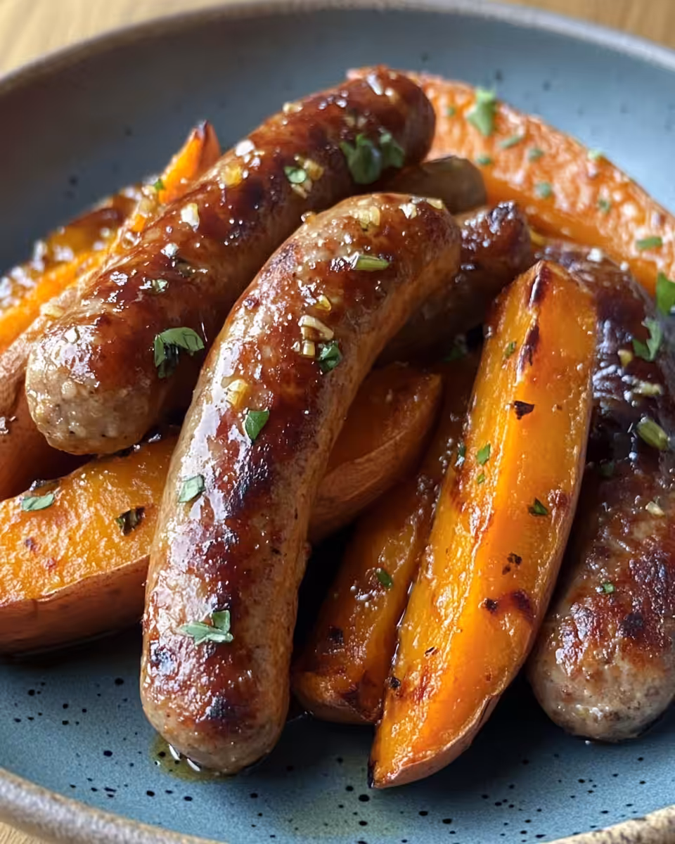Plated sausage and sweet potatoes ready to serve