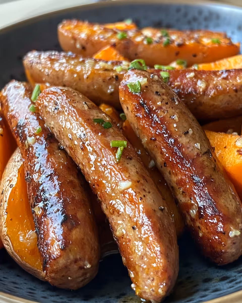 Sheet pan sausage and sweet potatoes cooking in pressure cooker