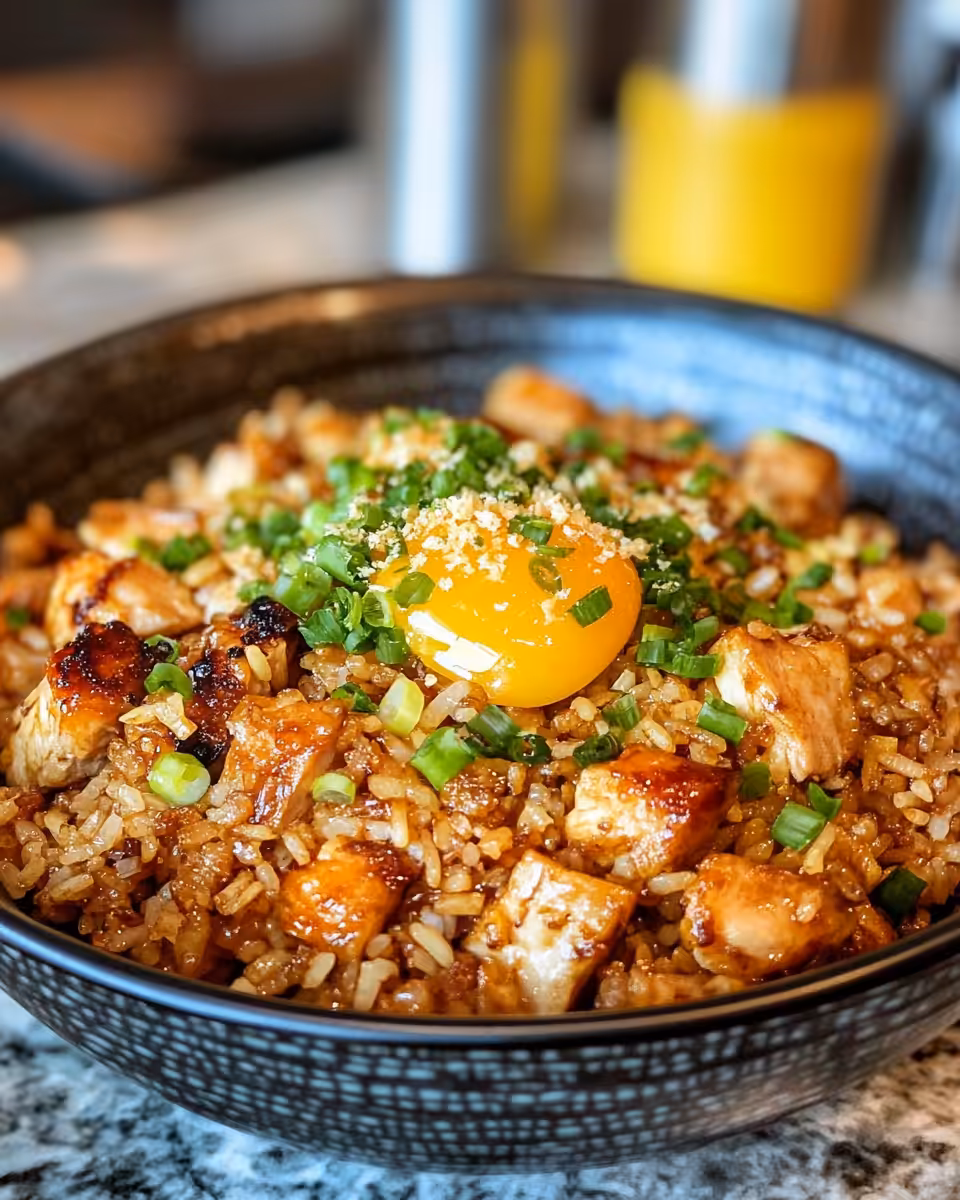 Ingredients like Japanese BBQ sauce, diced chicken, and scrambled eggs in the cooking process