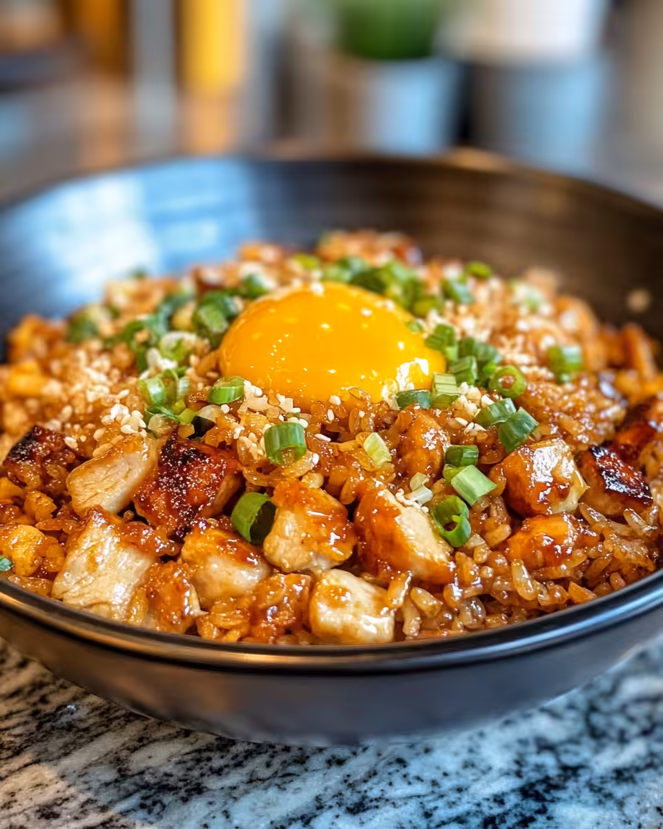 Served Japanese BBQ chicken fried rice garnished with sliced green onions