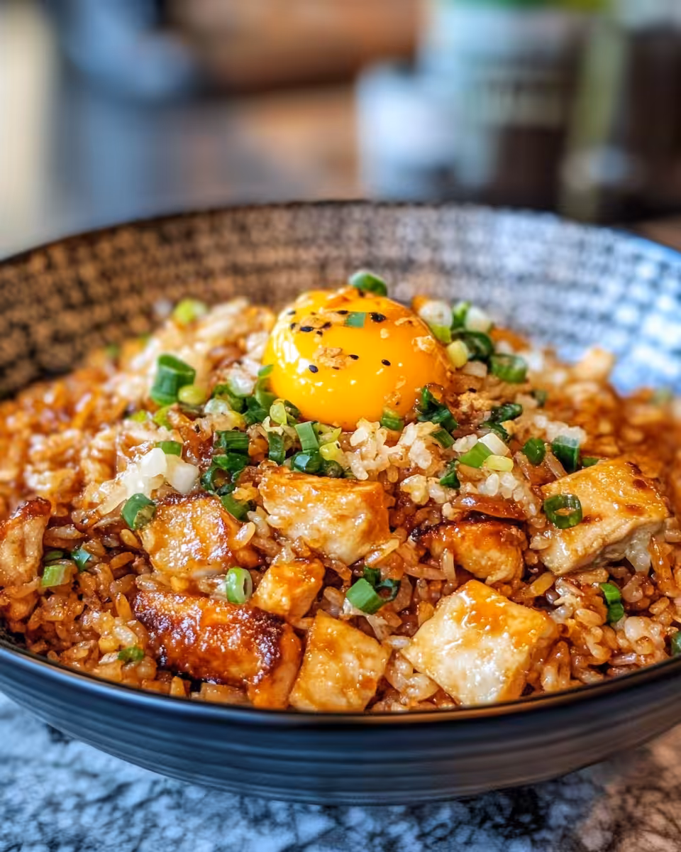 Steaming Japanese BBQ chicken fried rice just cooked in pressure cooker