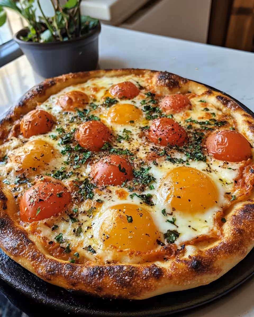 Fresh baked shakshouka focaccia coming out of the oven with parsley garnish