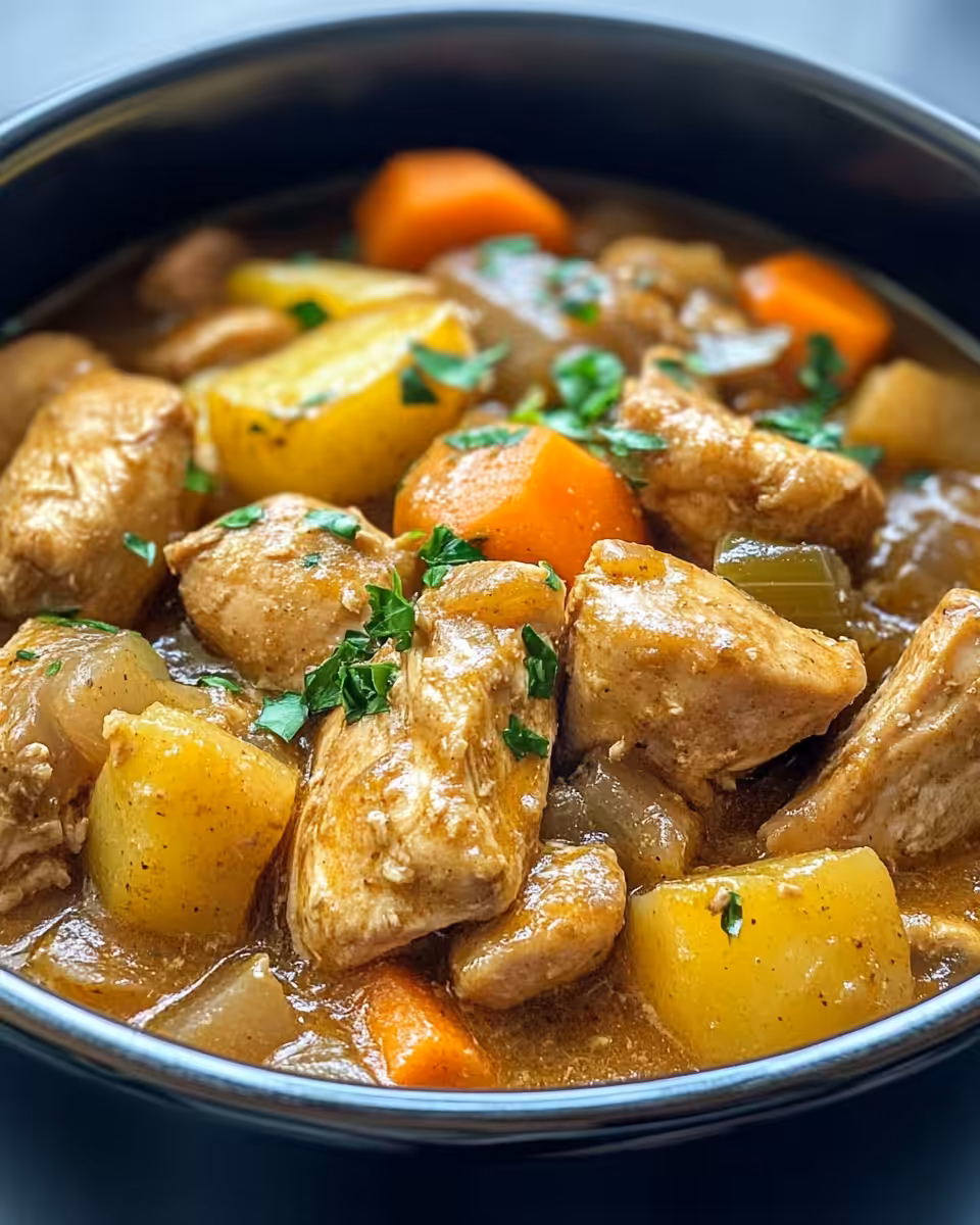 Chopped ingredients and chicken in slow cooker ready for cooking