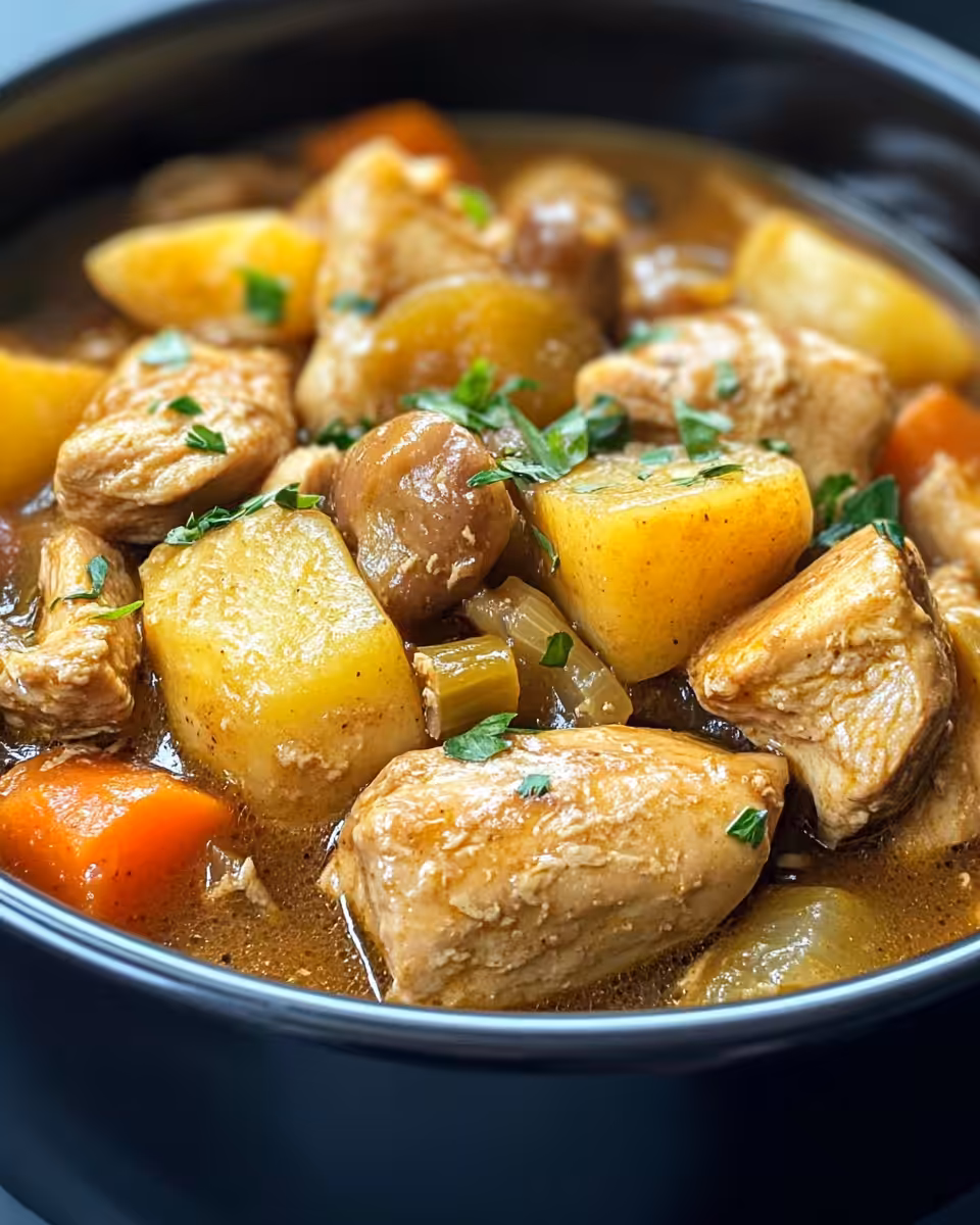Finished slow cooker chicken stew served in bowl