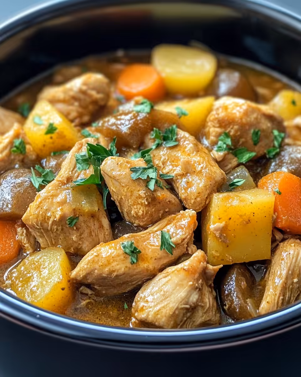 Steam rising from slow cooker with chicken stew inside