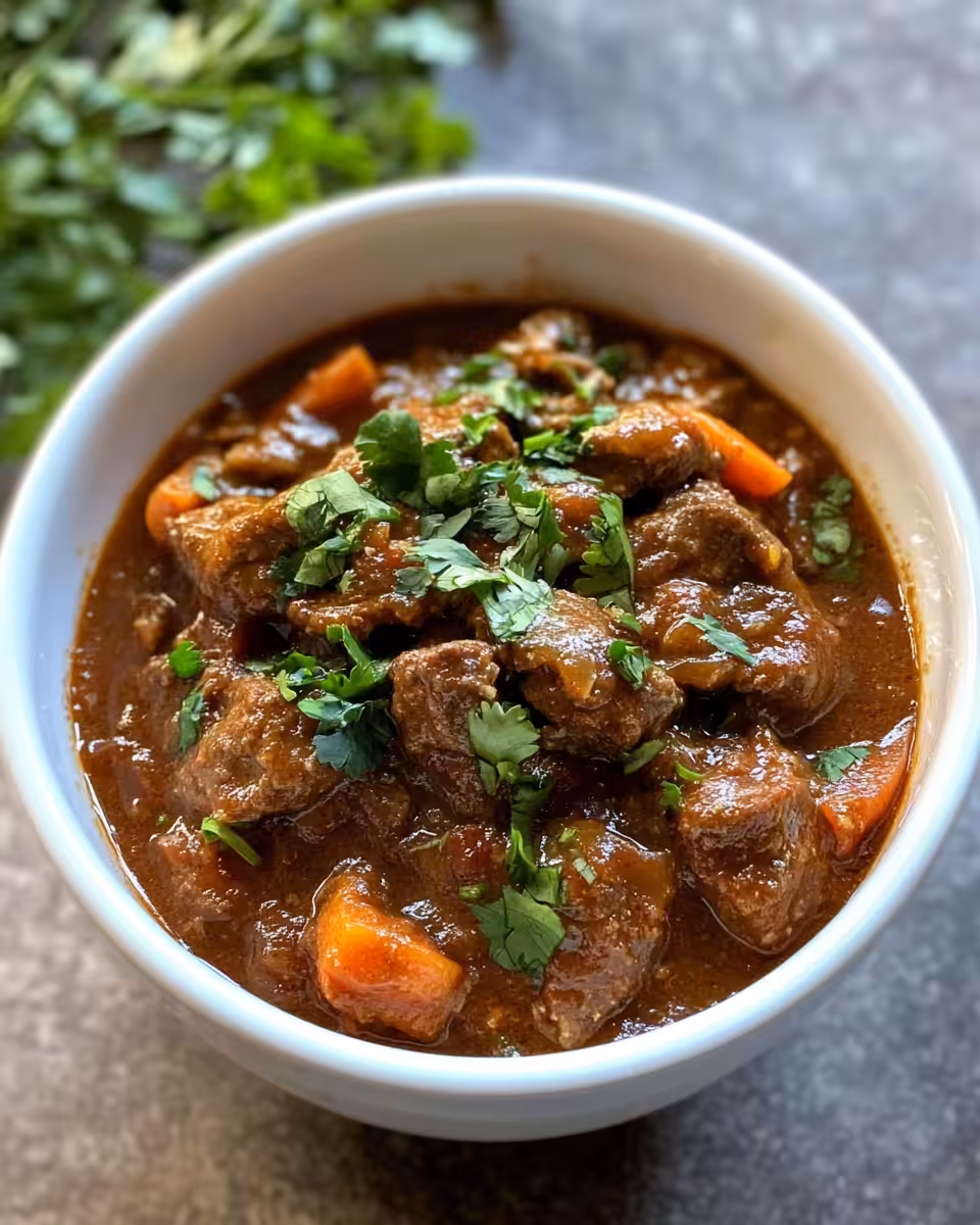 Beef curry ingredients simmering in slow cooker with onions and spices