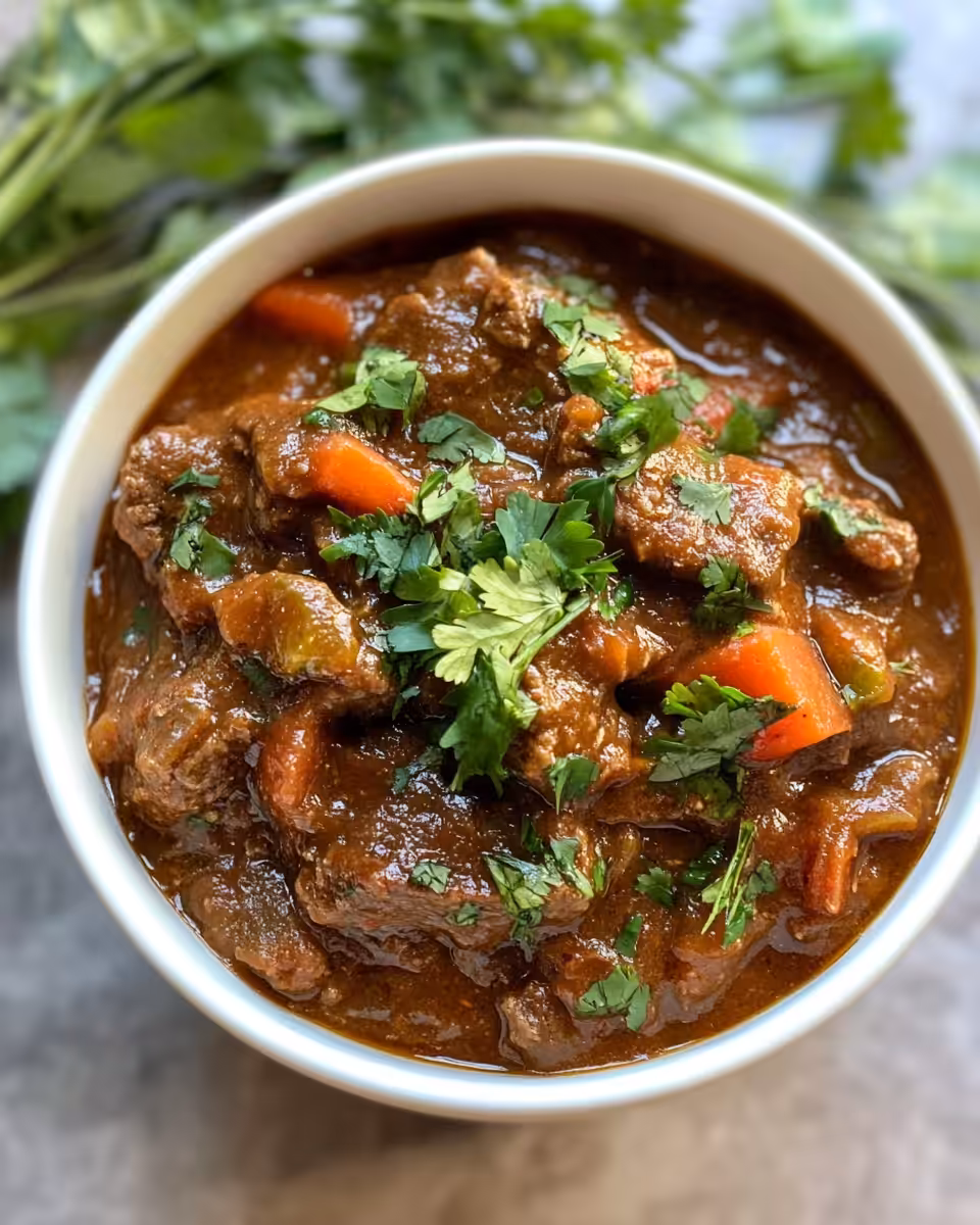 Close up of slow cooker Indian beef curry with tender beef chunks and rich tomato broth