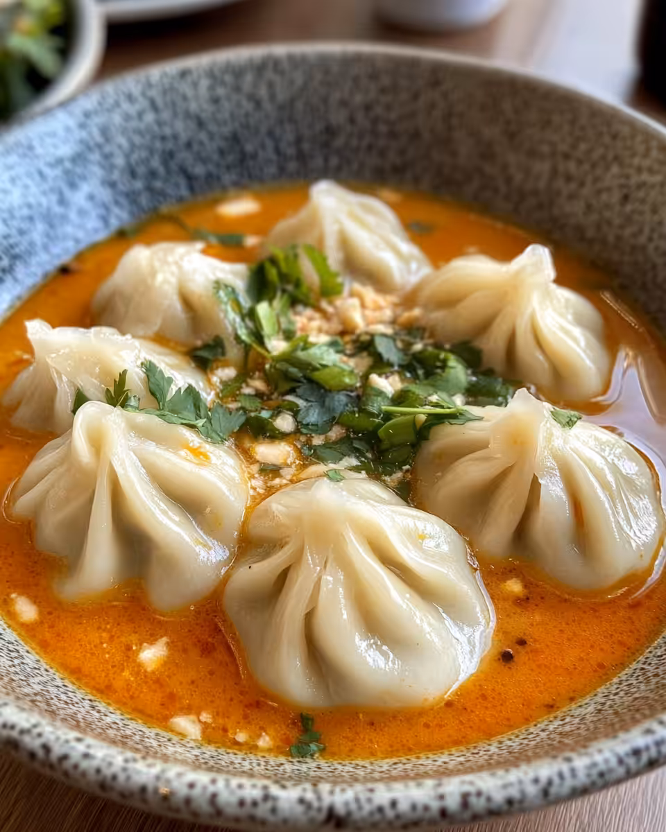 Finished Thai red curry soup with dumplings served hot in bowl