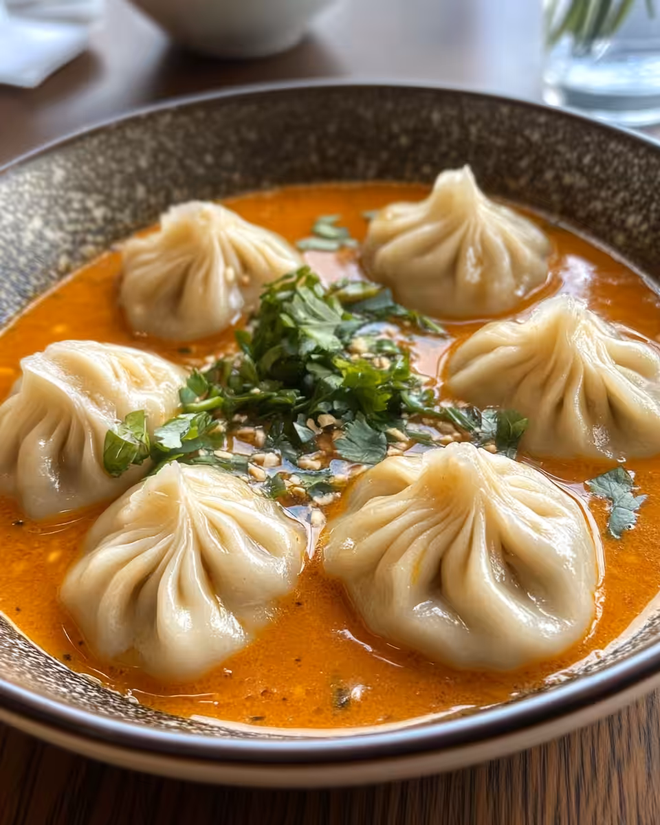 Soup dumplings cooking in Thai red curry sauce in pressure cooker