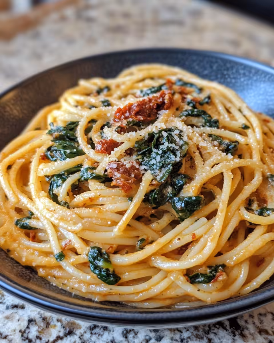 Ingredients for creamy sun-dried tomato pasta with fresh spinach and Parmesan cheese