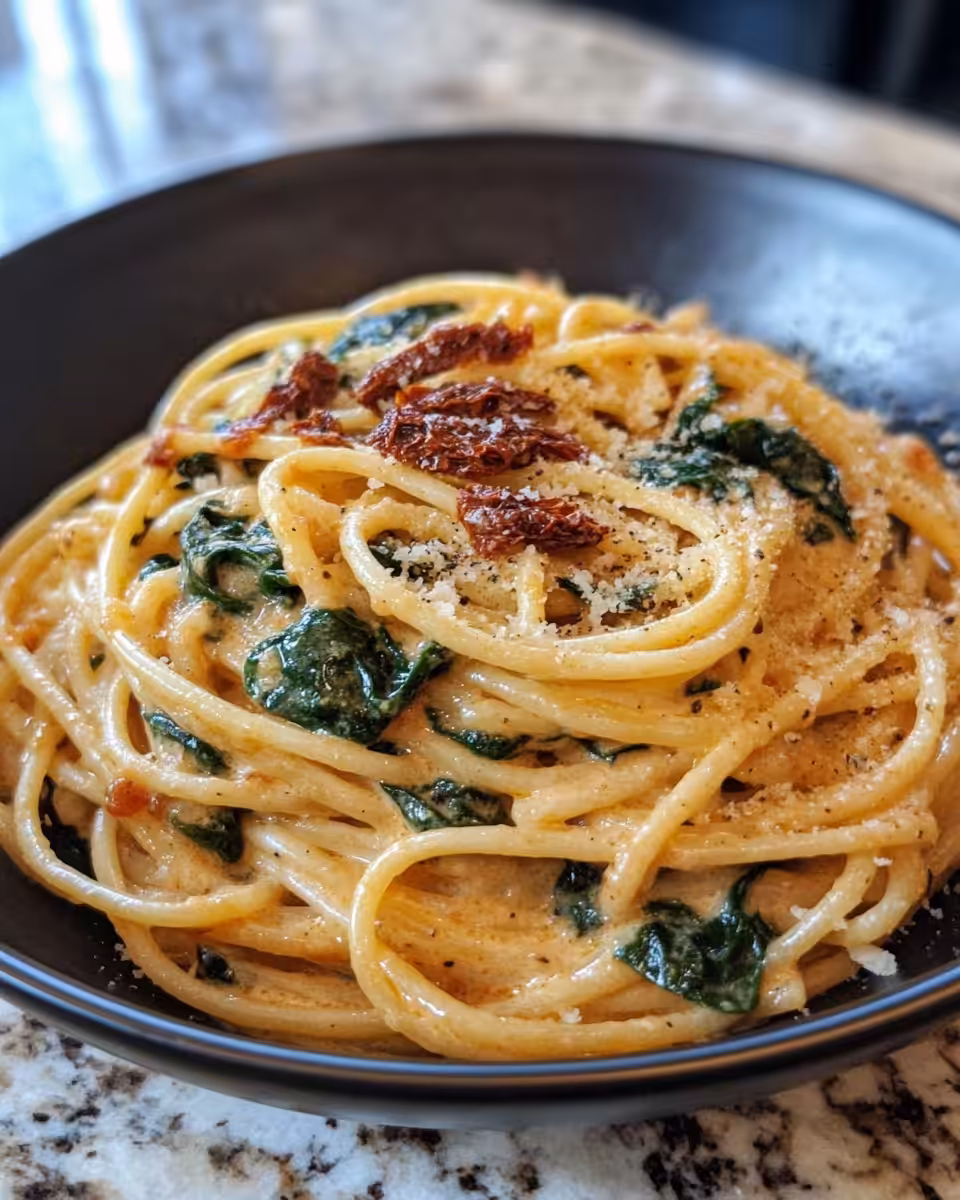 Final plated creamy sun-dried tomato and spinach pasta ready to serve