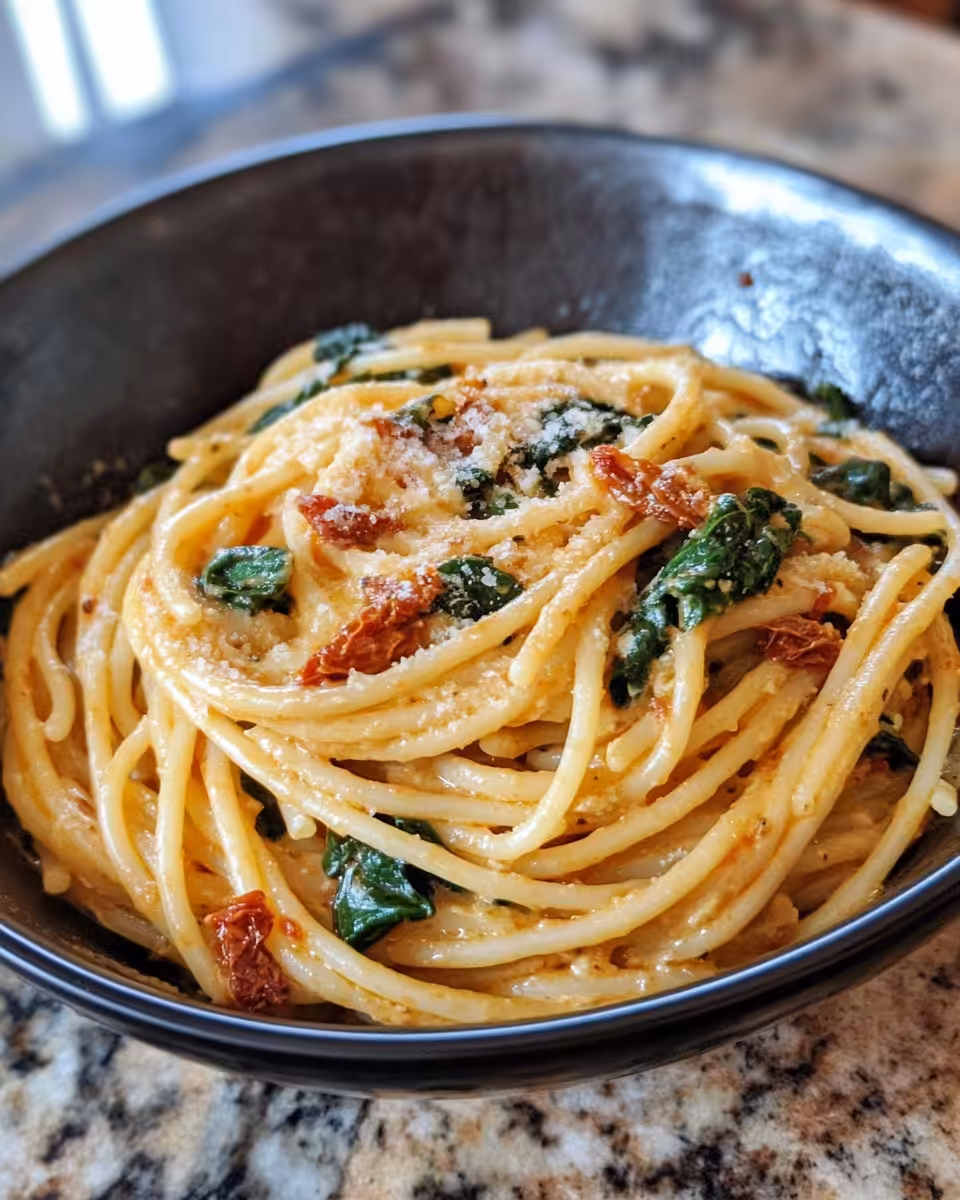 Close up of creamy sun-dried tomato and spinach pasta steaming in the pressure cooker
