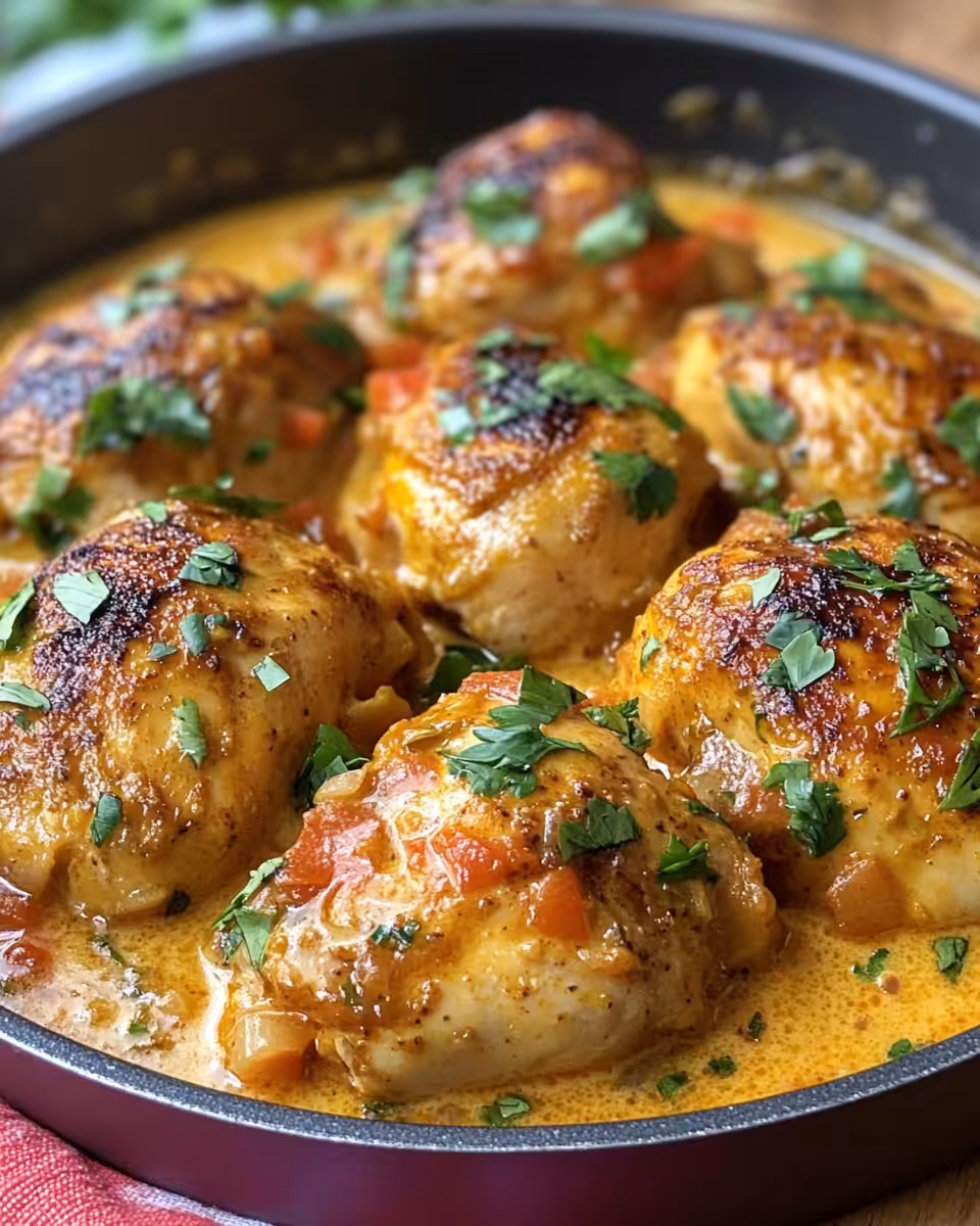 Plated Brazilian coconut chicken with creamy sauce and fresh parsley garnish