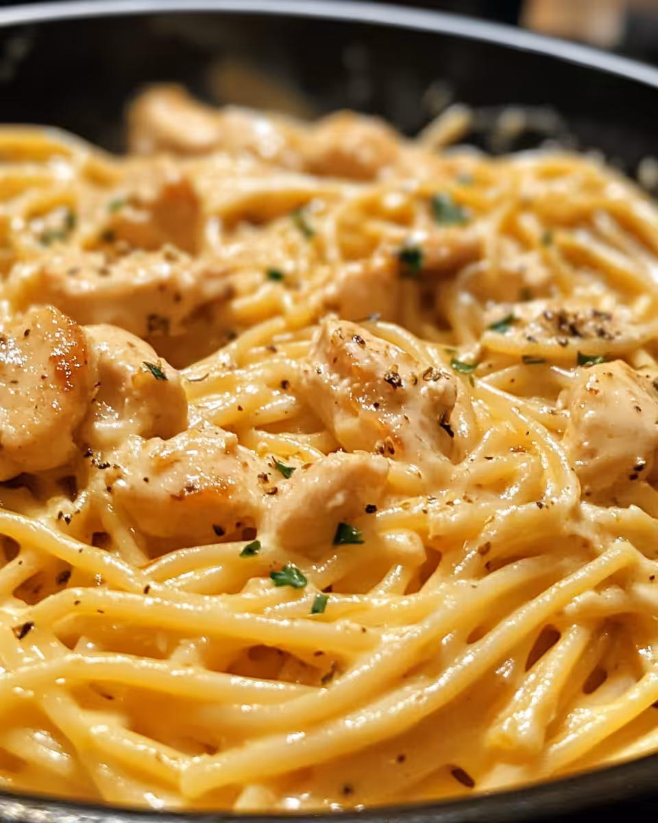 Final served spicy Cajun chicken spaghetti with garnishes