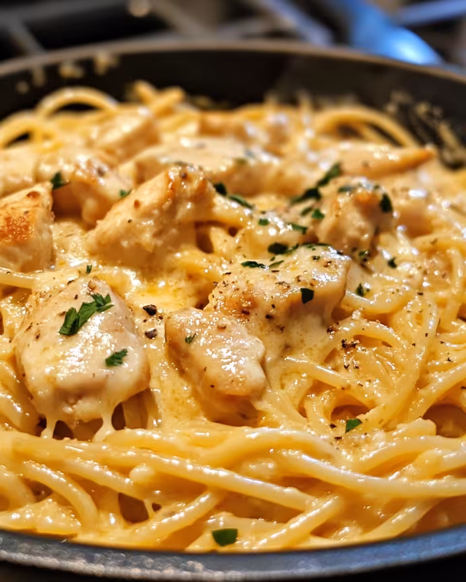 Creamy spicy Cajun chicken with spaghetti in a skillet