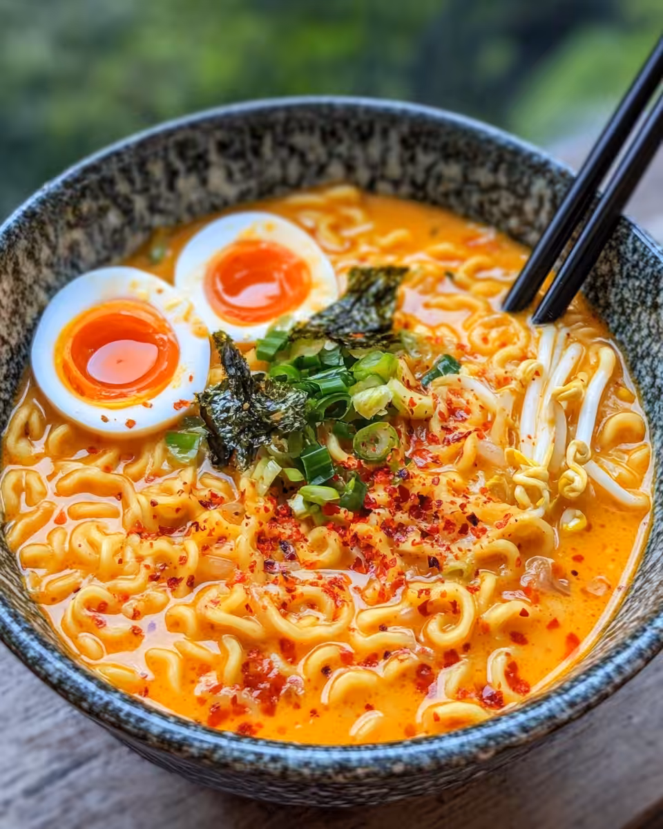 Serving of spicy coconut curry ramen with garnishes