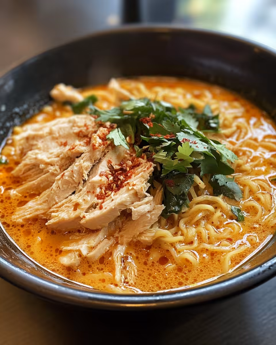 Served spicy chicken ramen with creamy garlic sauce garnished with green onions and sesame seeds