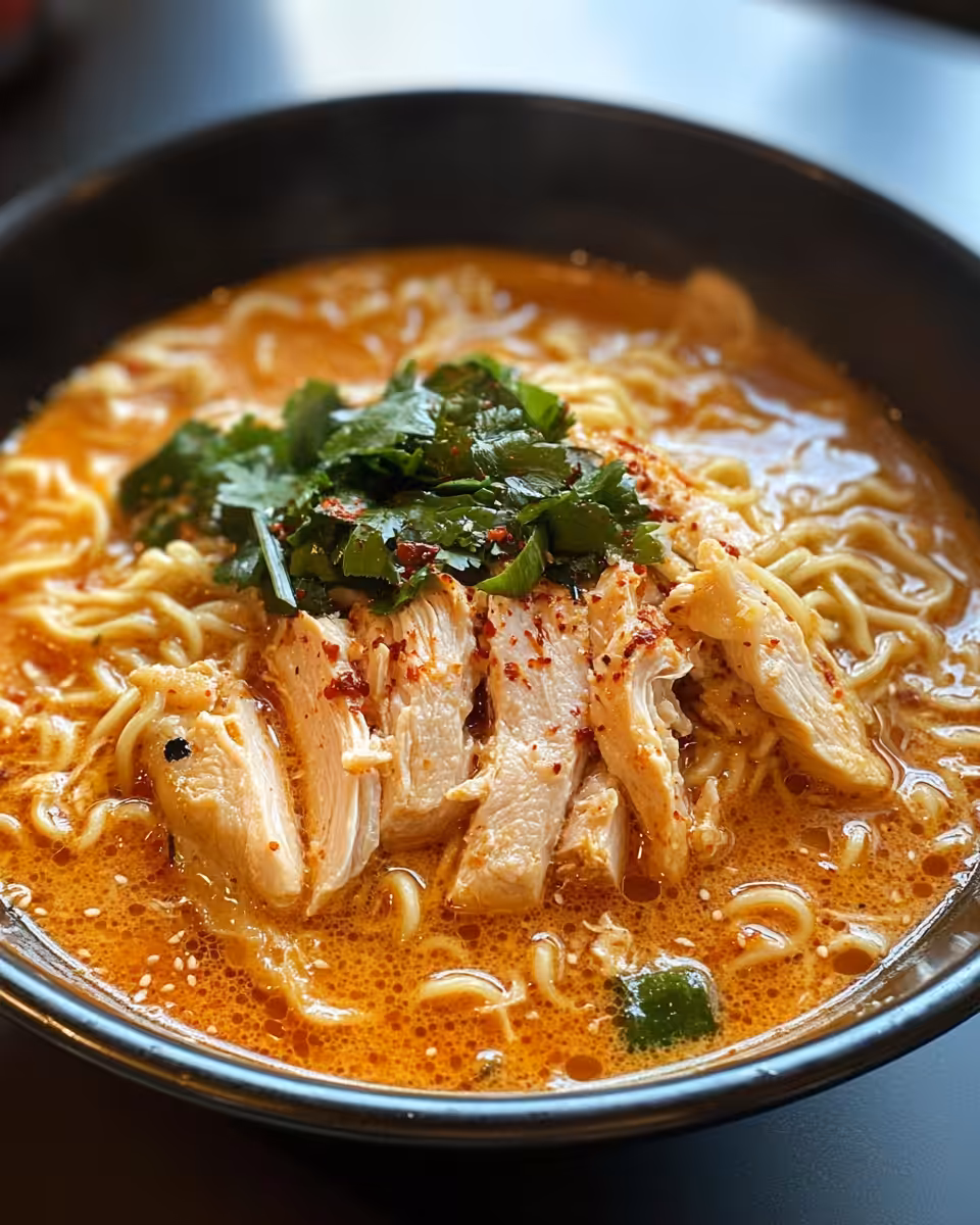 Spicy fiery chicken ramen with creamy garlic sauce in pressure cooker