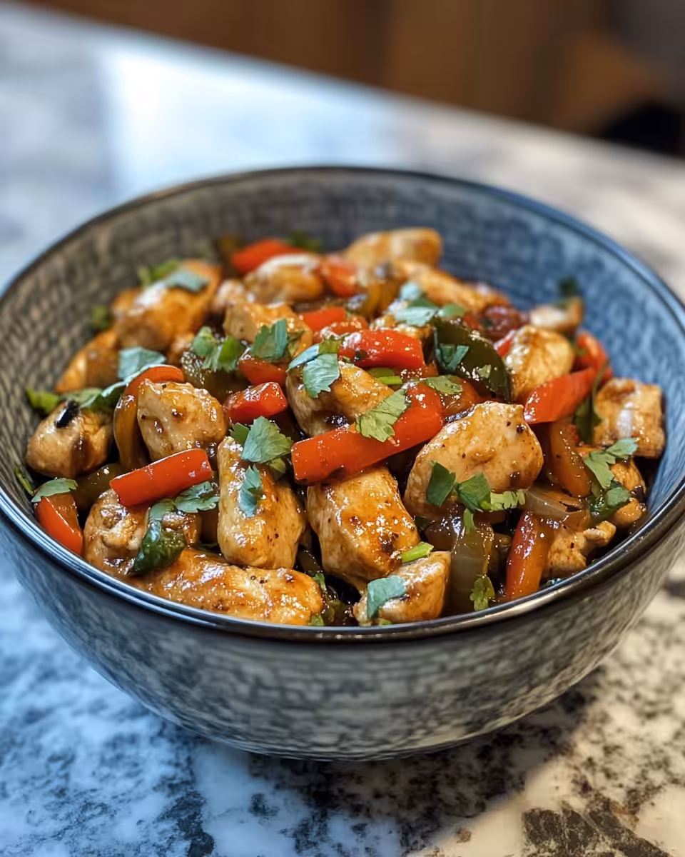 Final plated spicy jalapeno chicken dish served with rice