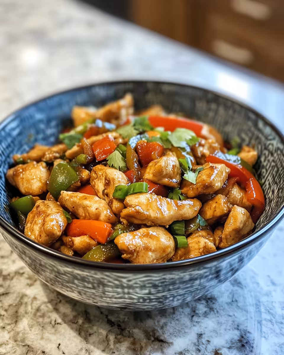 Spicy jalapeno chicken stir fry sizzling in pan