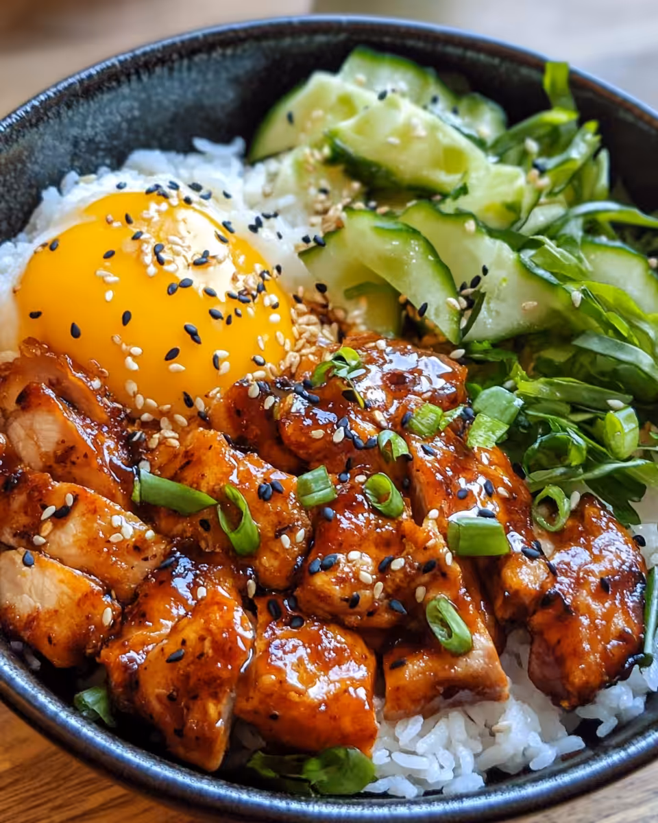Close up of golden Korean BBQ chicken thighs served with sesame seeds and cucumber slaw