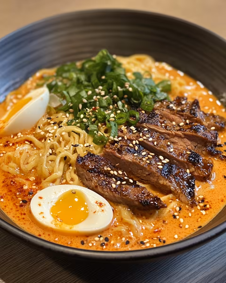 Ingredients laid out for spicy Korean ramen with grilled beef and creamy sauce