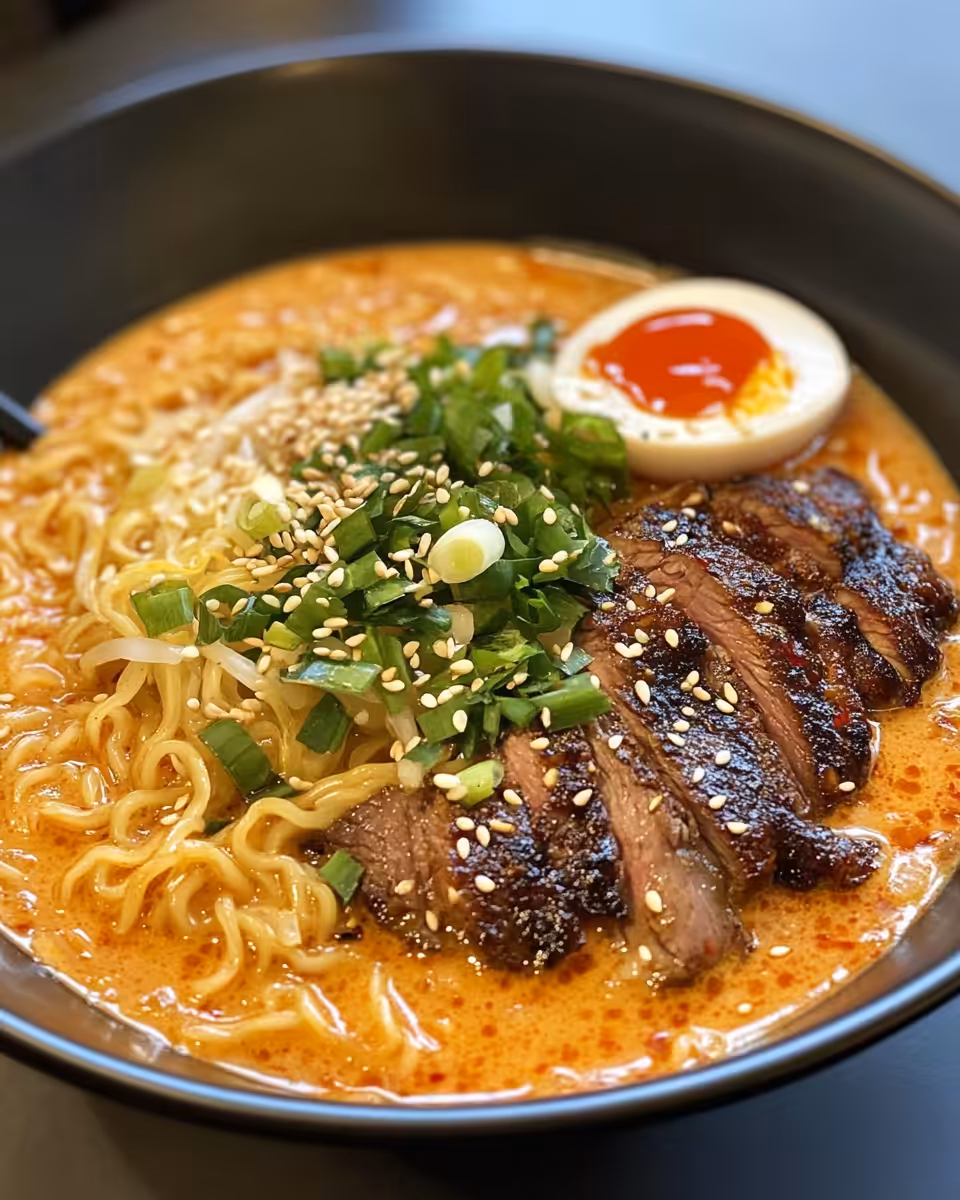 Final spicy Korean ramen served with grilled beef, creamy sauce, and toppings